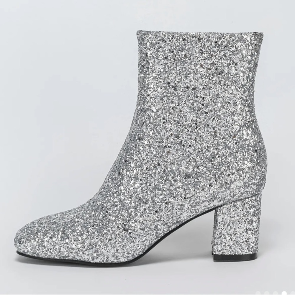 Glitter Sequins Ankle Boots, Shiny Square Toe Chunky Mid Heeled, Party Boots